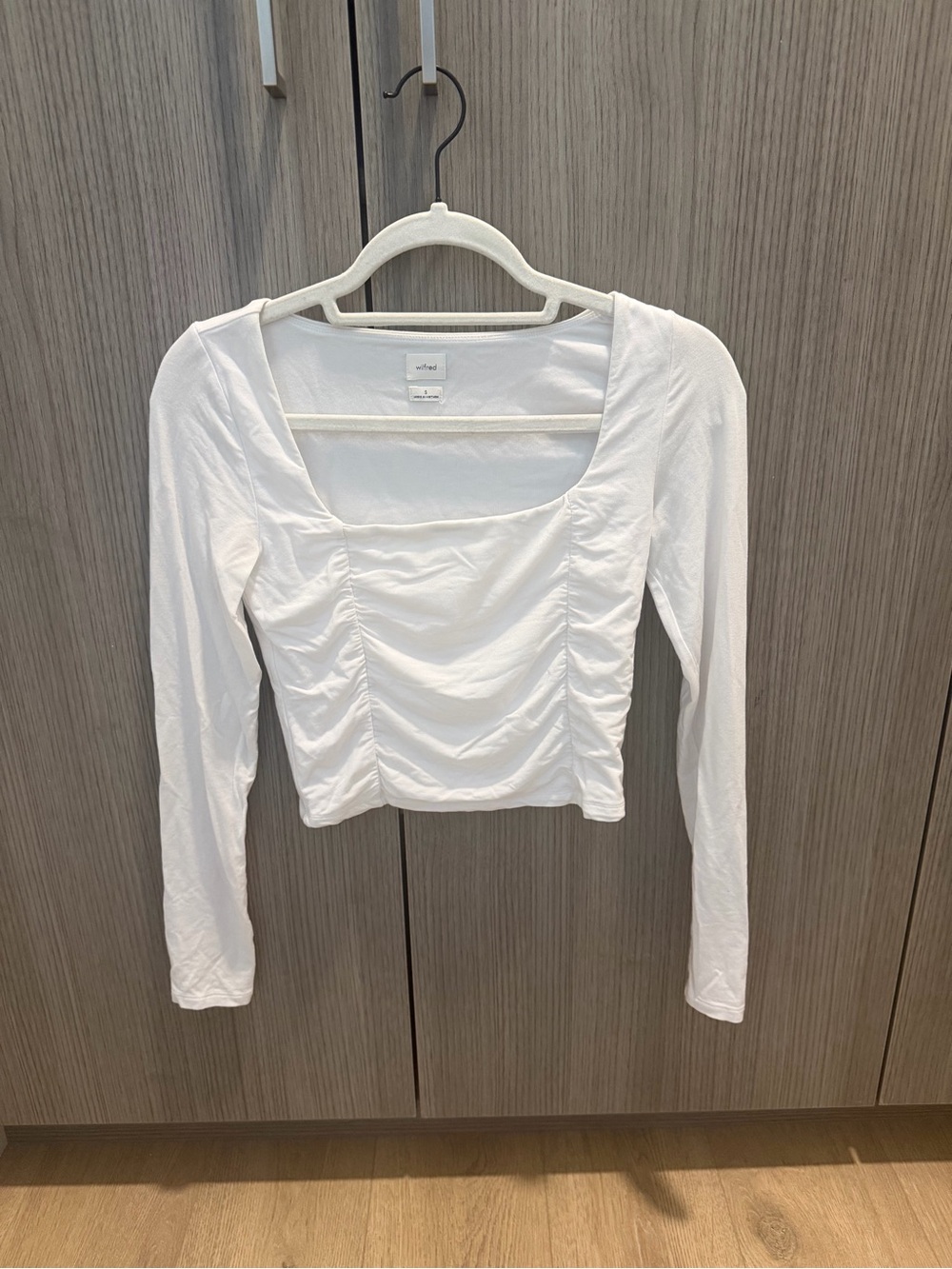 Aritzia White Ruched Square-Neck Long-Sleeve Top